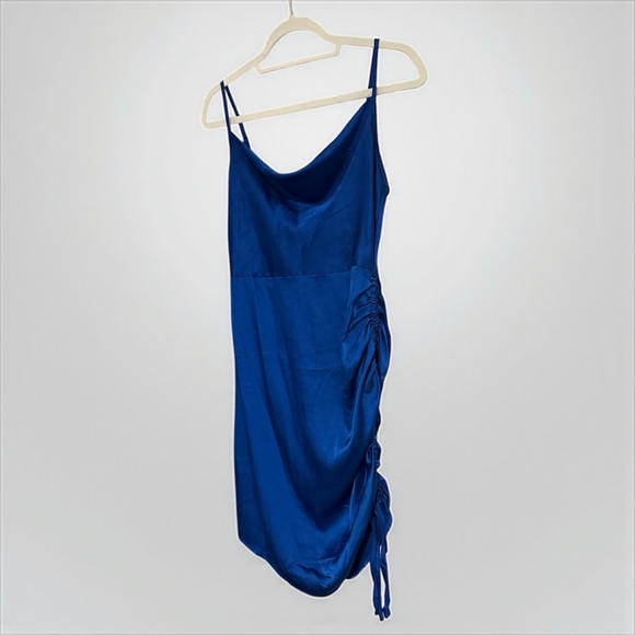 ASOS NaaNaa cowl neck ruched side satin dress in cobalt blue - Picture 3 of 9